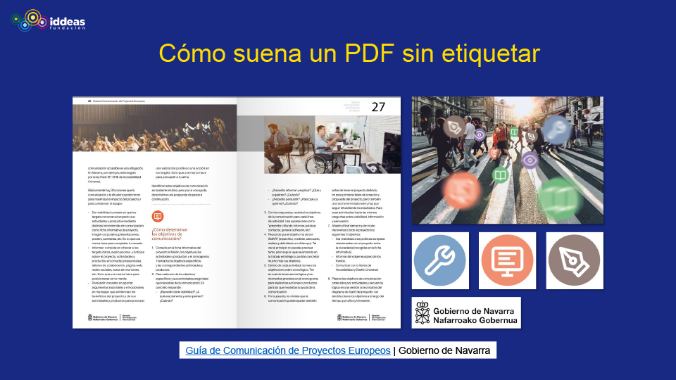 Diapositiva con el título Cómo suena un PDF sin etiquetar y distintas imágenes de la Guía de Comunicación de Proyectos Europeos.